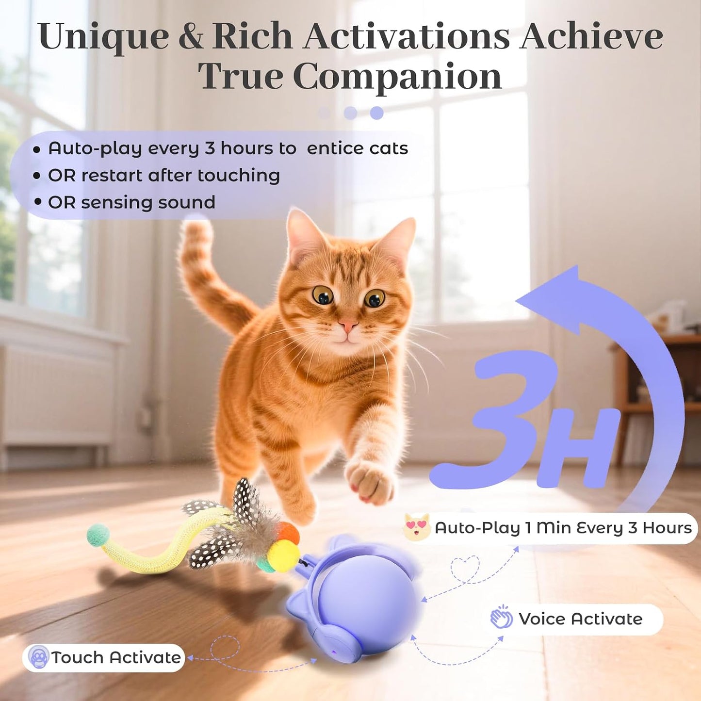 An orange tabby cat jumps toward a purple ball-shaped cat toy in a bright room, with overlaid marketing text and arrows explaining auto-play and voice activate features.
