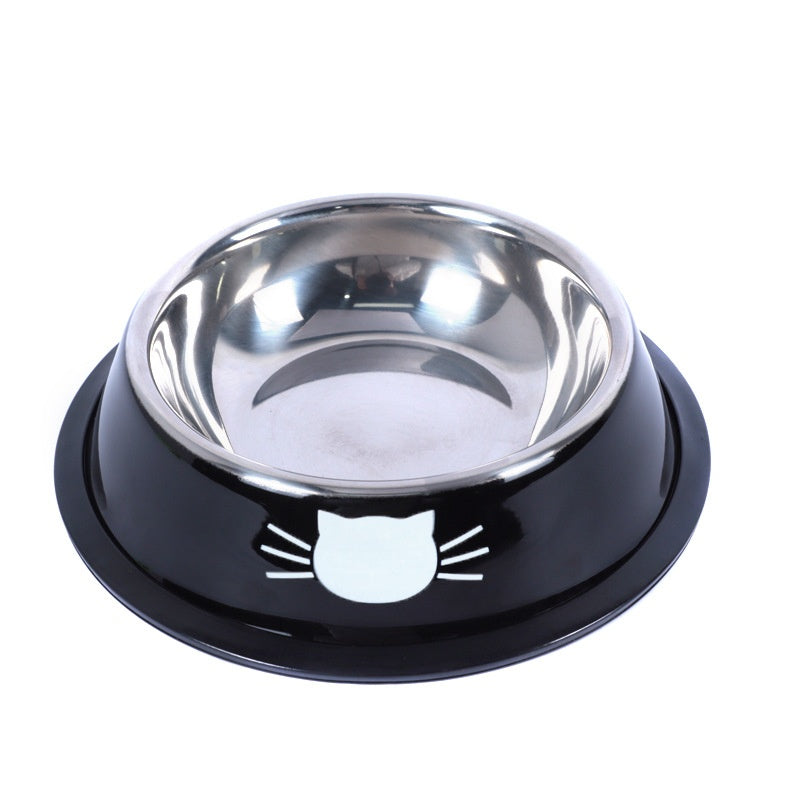 Stainless steel pet bowl with black base featuring a cat face design on a white background