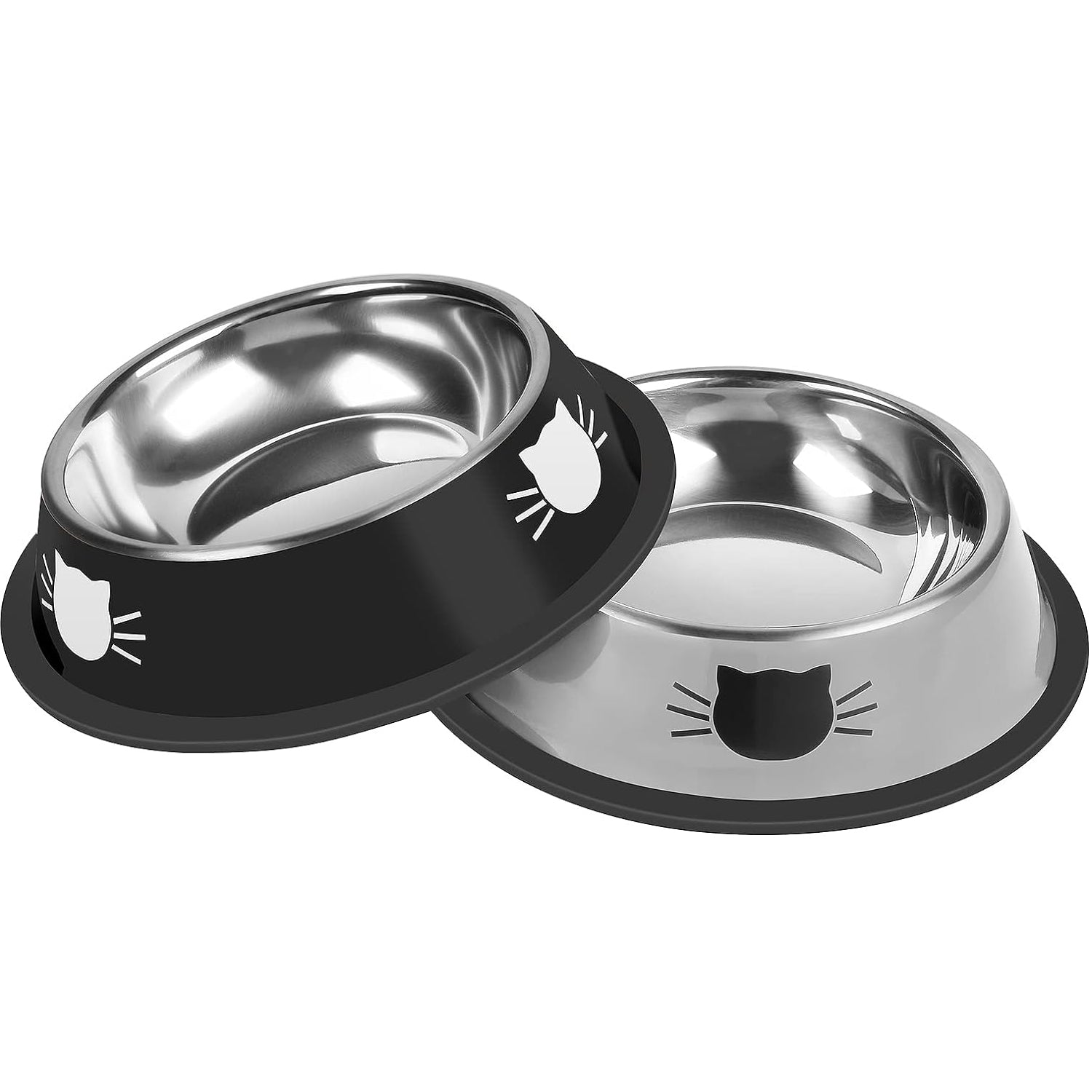 Two stainless steel pet bowls with black rubber bases and cat face designs on a white background.