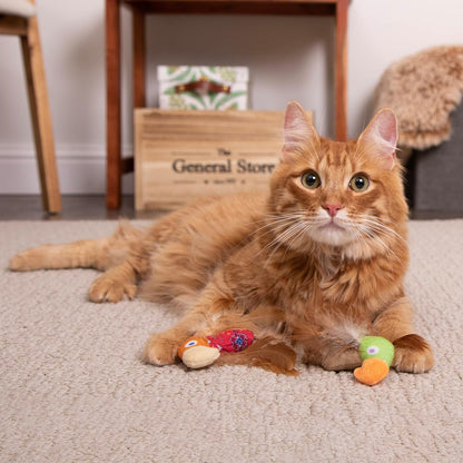 Orange cat lying on a carpet with two small toys, one red and one green, in a home setting.