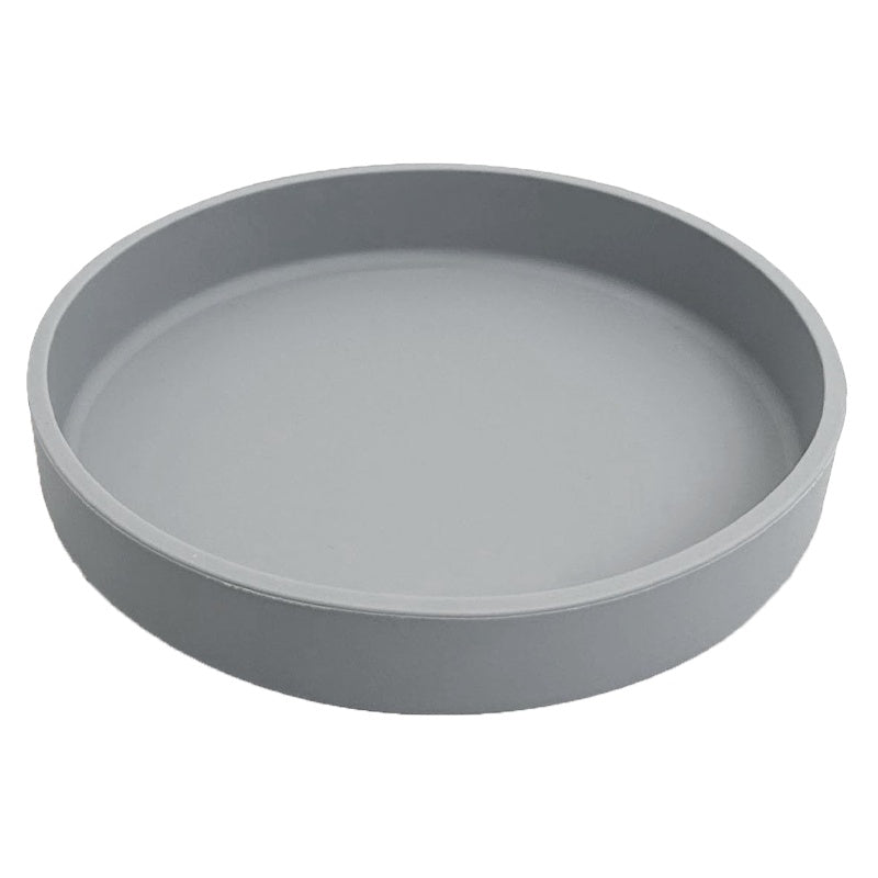 A round gray plastic tray or shallow dish with a thick rim, shown from a top-down perspective on a plain white background.