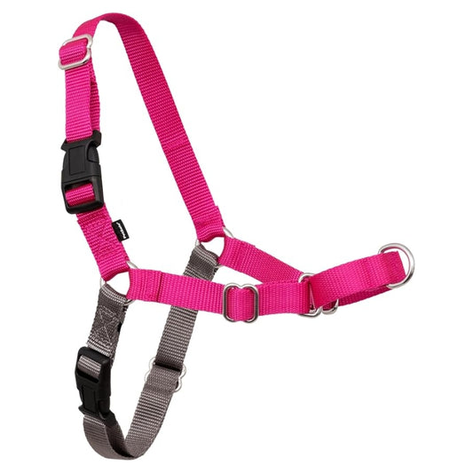 A pink and gray nylon pet harness with black plastic buckles and silver metal rings, shown against a plain white background.