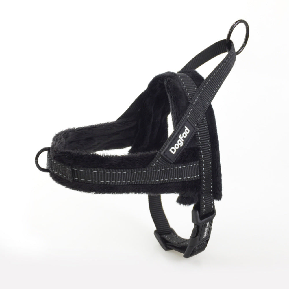 Black dog harness with leash on a white background