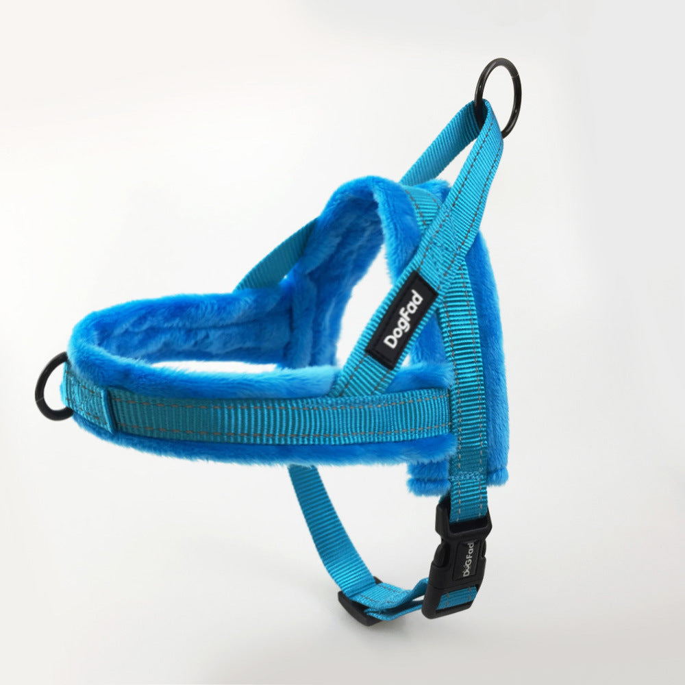 Blue dog harness with fleece lining on a white background
