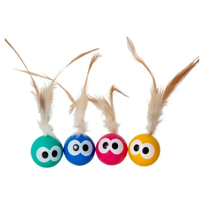 Four colorful ball toppers with large cartoon eyes and tan feathers, arranged in a row on a plain white background.