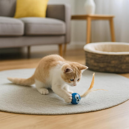 Cat playing with a toy on a rug in a living room.