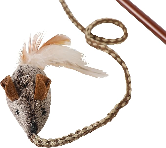 Cat toy resembling a mouse with feathers on a string against a white background