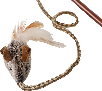 Cat toy resembling a mouse with feathers on a string against a white background