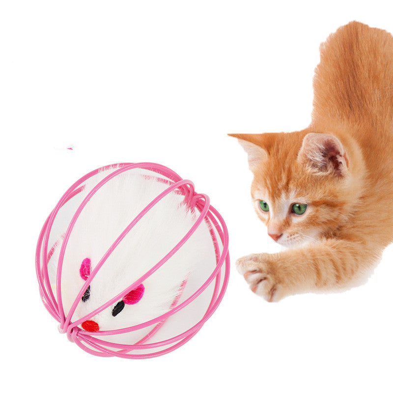 Cat toy with a pink rim and white center, featuring a small mouse figure, next to an orange cat on a white background.