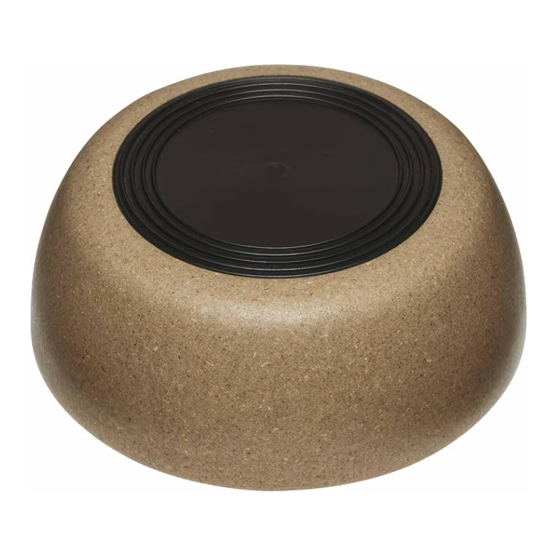 A round, low-profile pedestal table or stool with a textured, speckled brown stone or concrete finish and a contrasting black circular base ring, shown on a plain white background.