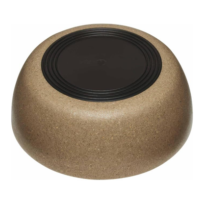 A round, low-profile pedestal table or stool with a textured, speckled brown stone or concrete finish and a contrasting black circular base ring, shown on a plain white background.