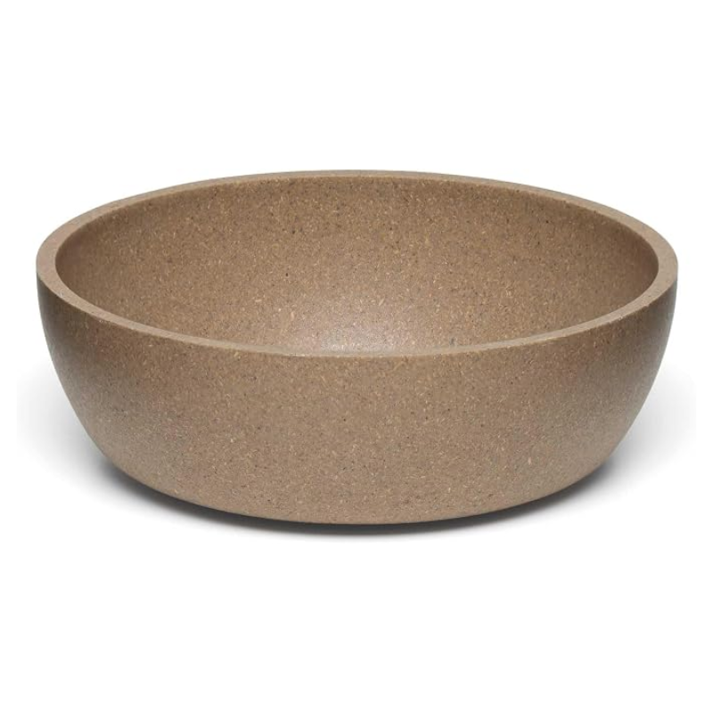 A round, wide-mouthed ceramic bowl with a speckled brown and beige textured glaze, shown on a clean white background.