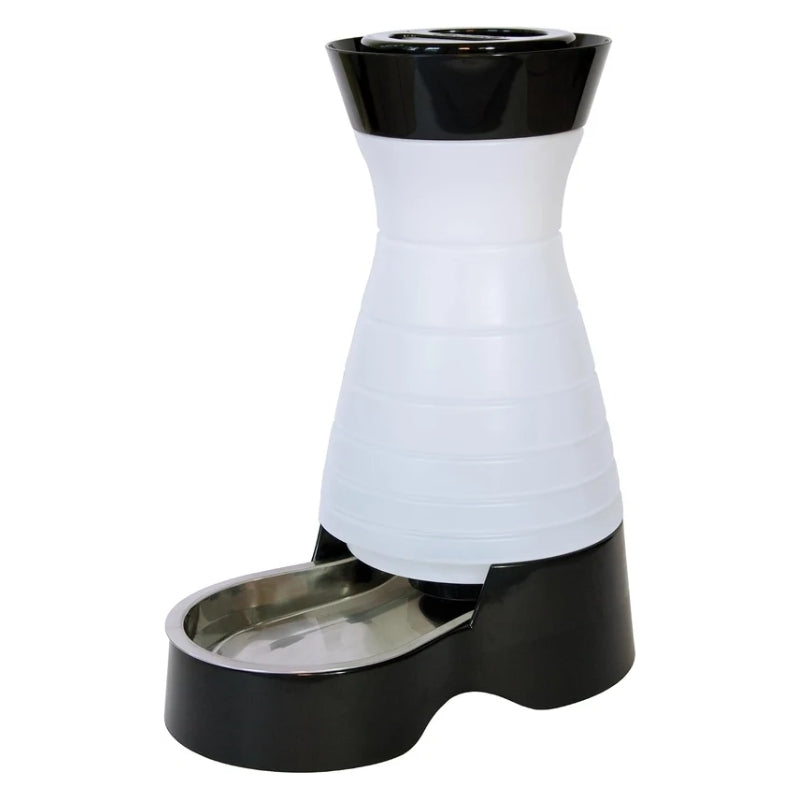 A pet water fountain with a white ribbed plastic main body, a black top collar and base, and a stainless steel bowl at the bottom, shown on a plain white background.