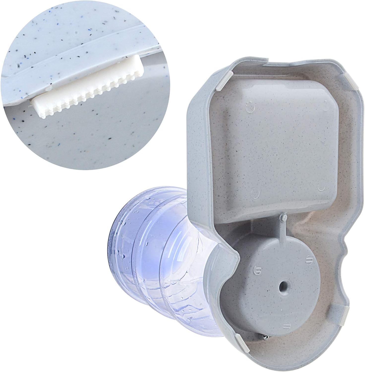 Gray and white plastic component with a close-up of a white strip on a white background