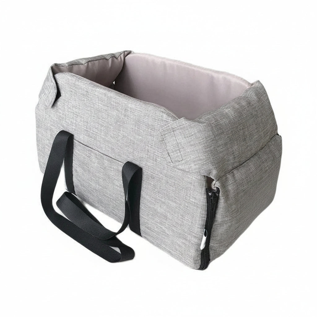 Gray bag with black strap on a white background