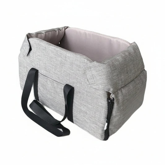 Gray bag with black strap on a white background