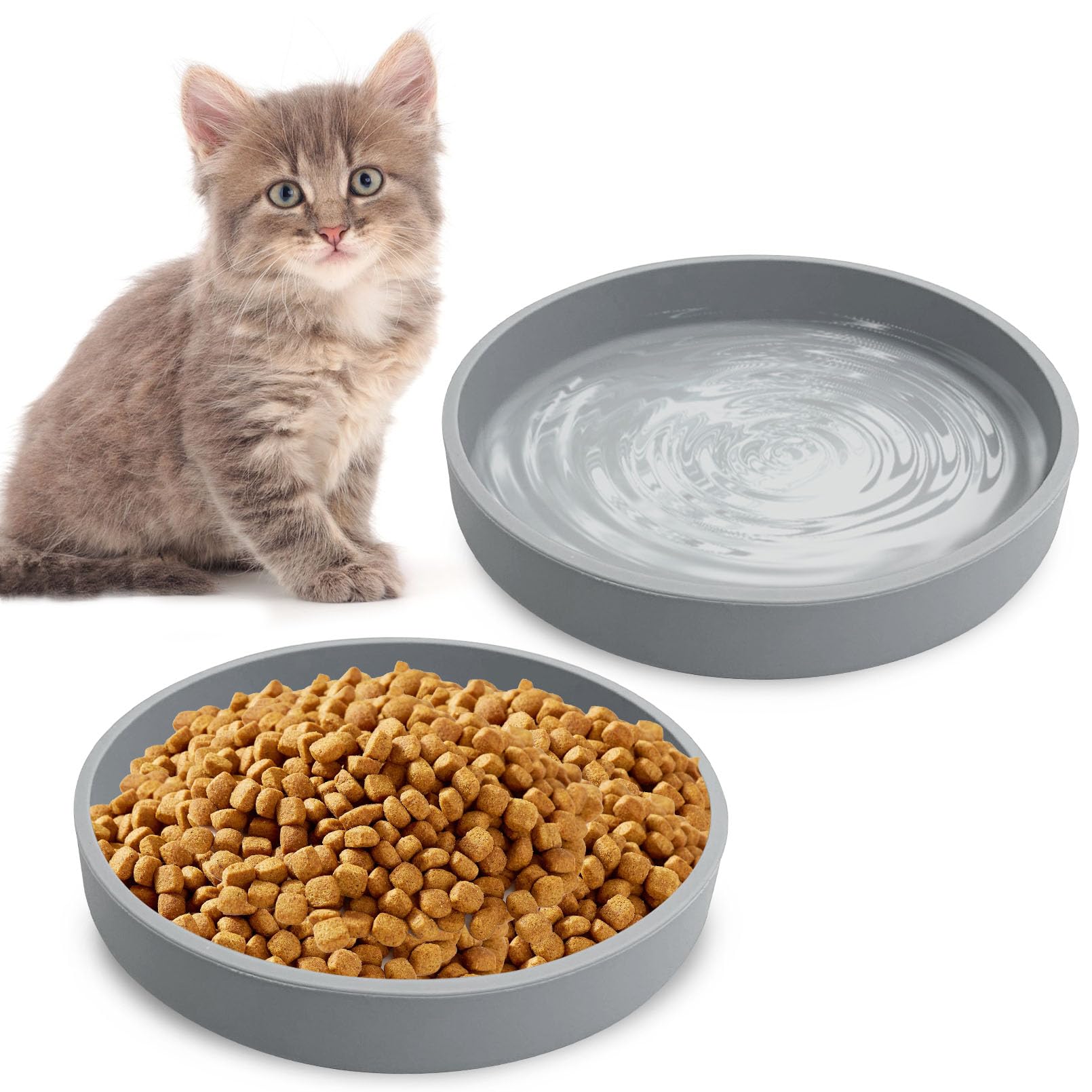 Gray pet water bowl filled with water and a gray pet food bowl filled with kibble, shown next to a small tabby kitten on a white background.