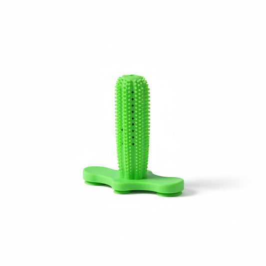 Green textured object on a pink surface with a light blue background