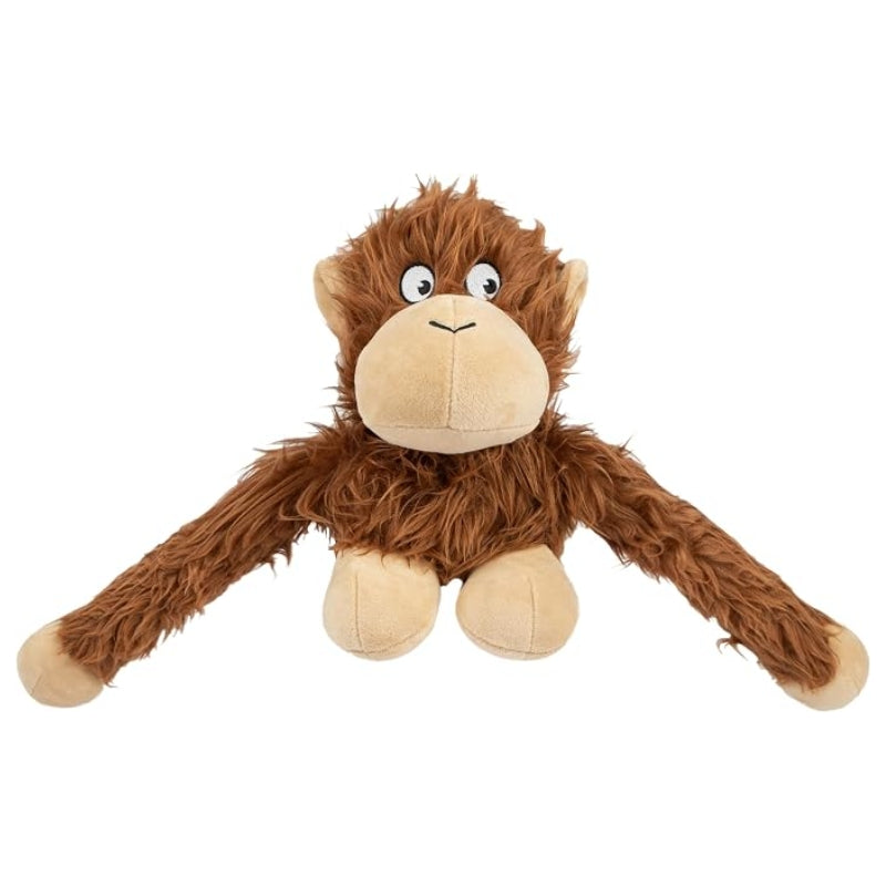 A plush monkey toy with shaggy brown fur, a cream-colored snout and feet, and large white eyes, shown against a plain white background.