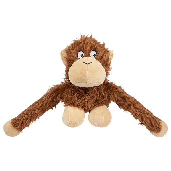 A plush monkey toy with shaggy brown fur, a cream-colored snout and feet, and large white eyes, shown against a plain white background.