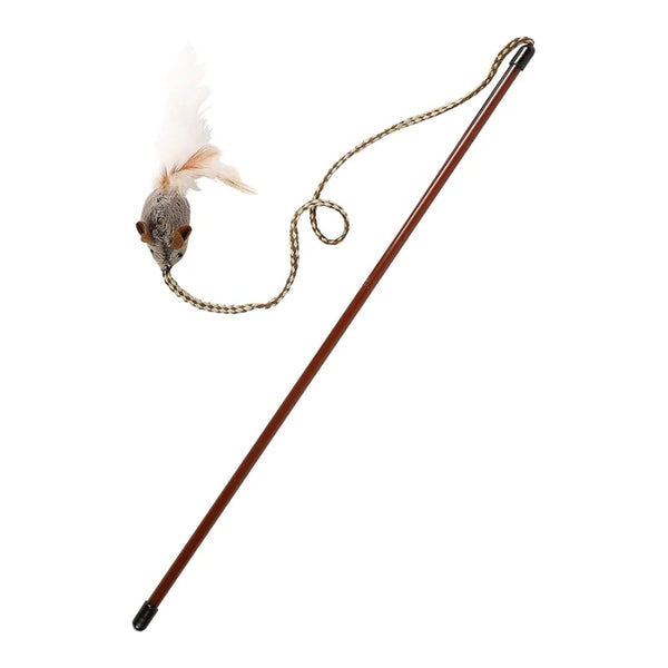 A long brown wooden stick toy with a braided rope loop attached to a small gray mouse head and white feather, shown on a plain white background.