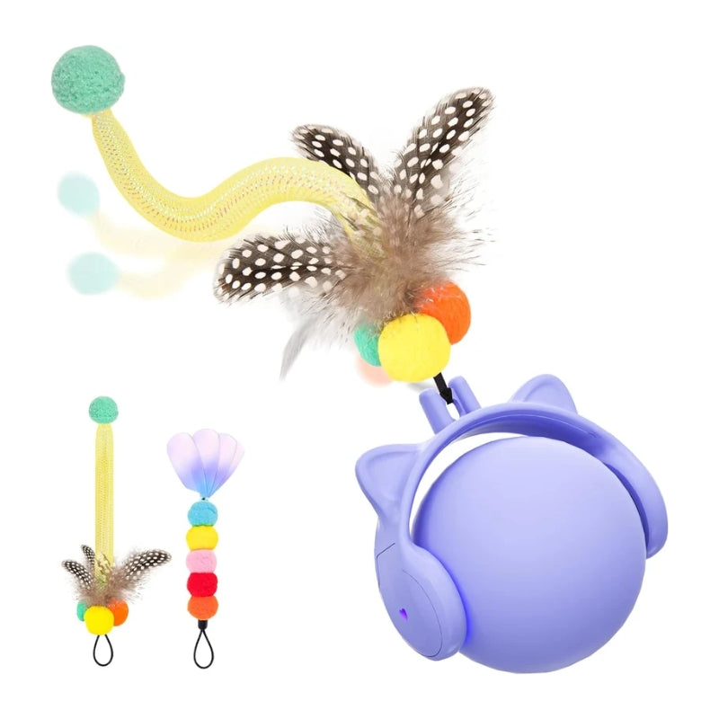 A purple cat-shaped ball toy with attached cat ears and a feather wand, shown on a white background with two smaller accessory views. The toy includes colorful pom-poms, feathers, and a soft flexible tail.