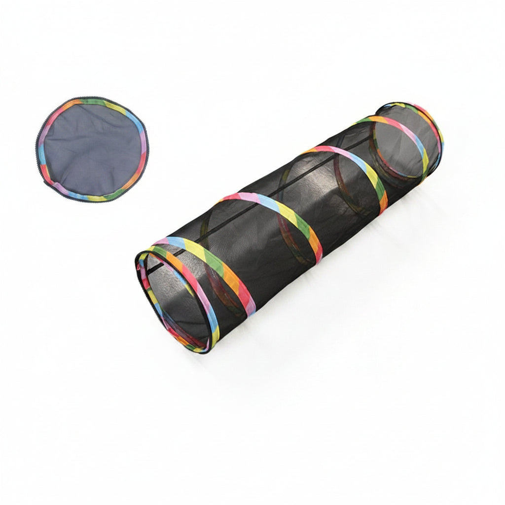 Measurement chart of a colorful tunnel toy with dimensions labeled.