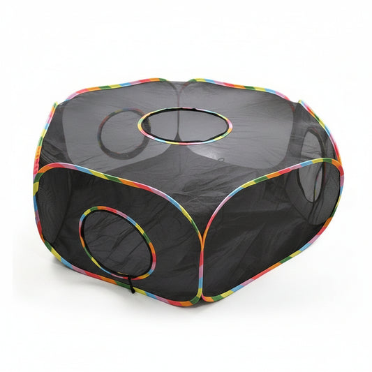 Multicolored pop-up tent with measurements on a white background