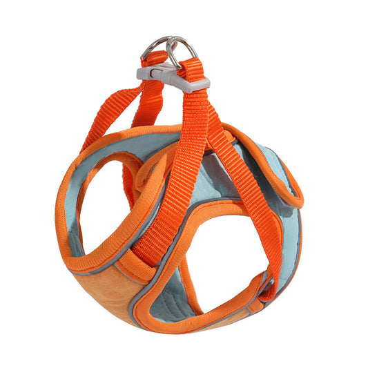 Orange dog harness with reflective material on a white background