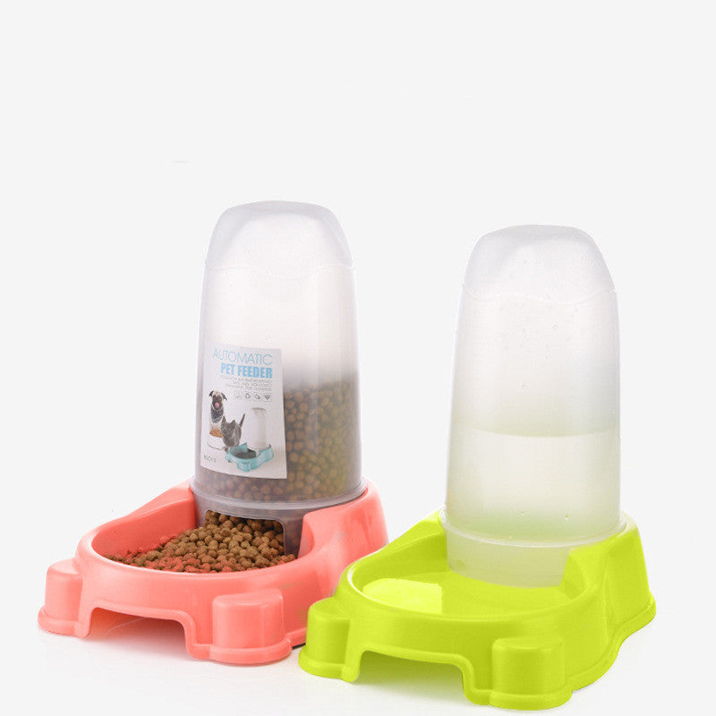 Pet feeder with food and water containers on a white background