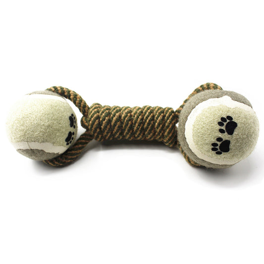Pet toy with two ball ends and a coiled rope on a white background