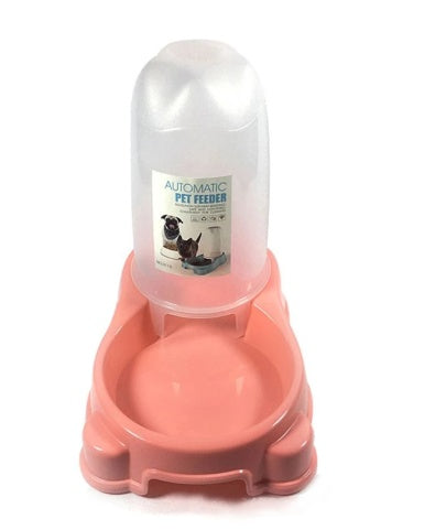 Pink automatic pet feeder with a label on a white background