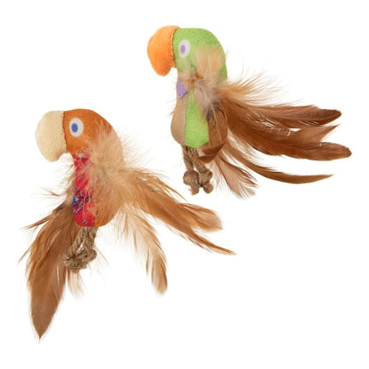Two plush parrot-shaped pet toys with brown feathers and colorful fabric bodies, shown on a plain white background.