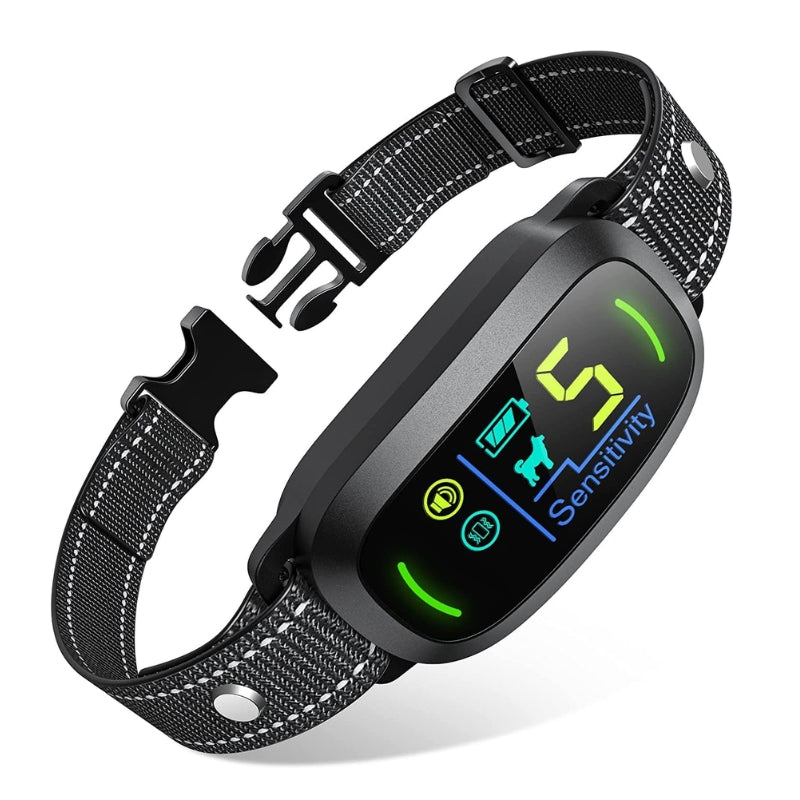 A pet electronic collar shown on a white background, featuring a black textured nylon strap with white stitching and a black rectangular digital display screen showing green and blue interface icons.