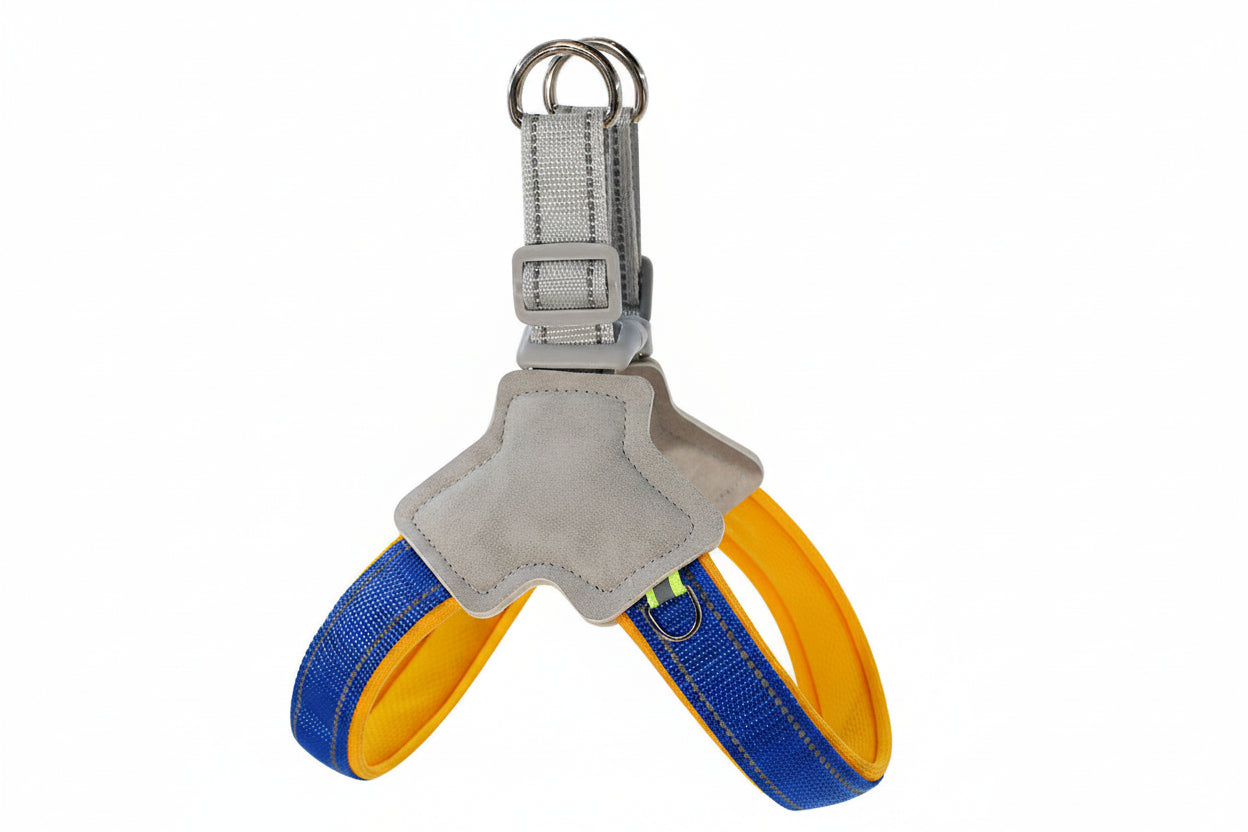 Safety harness with gray strap and blue and yellow accents on a white background