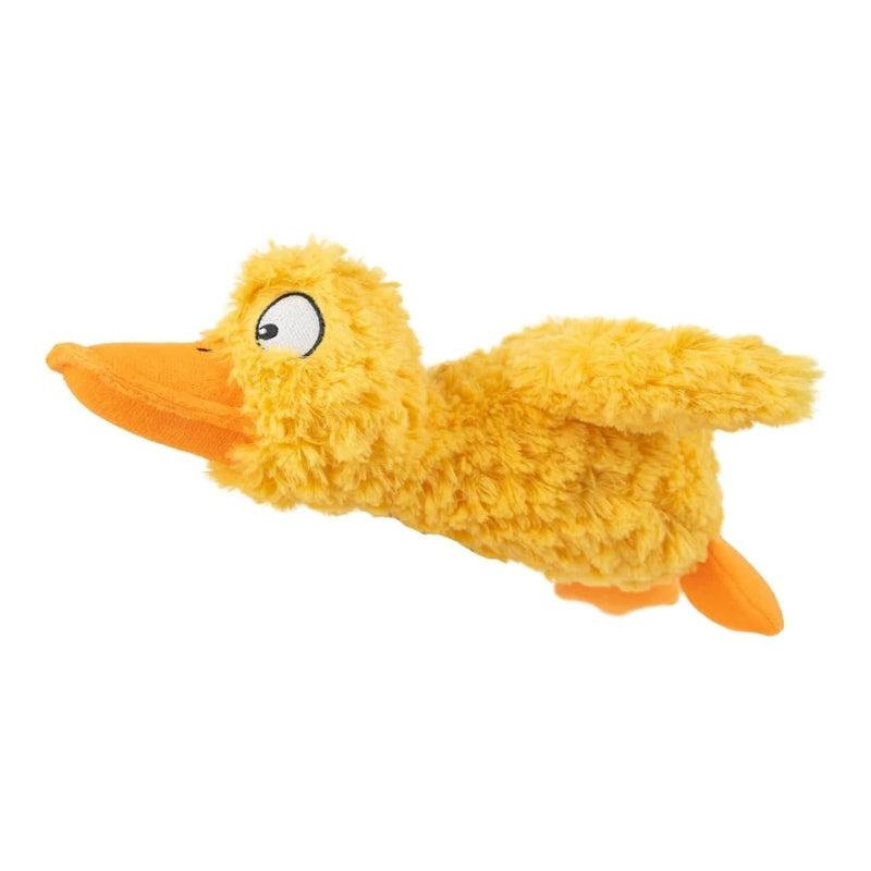 A yellow fluffy duck-shaped plush dog toy with an orange beak and feet, shown against a plain white background.