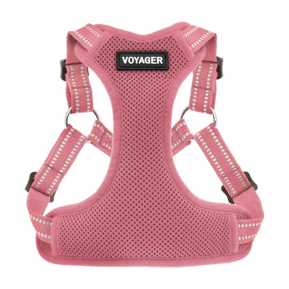 Pink mesh dog harness with adjustable straps, silver metal D-rings, and a black brand label reading 'VOYAGER' on a white background.