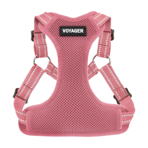 Pink mesh dog harness with adjustable straps, silver metal D-rings, and a black brand label reading 'VOYAGER' on a white background.