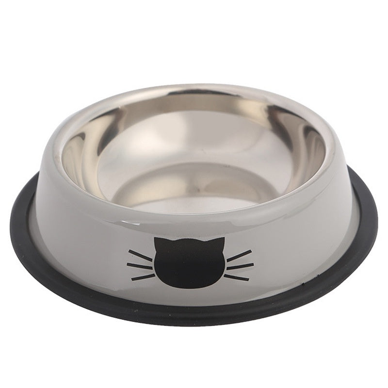 Stainless steel pet bowl with a black cat face design on a white background