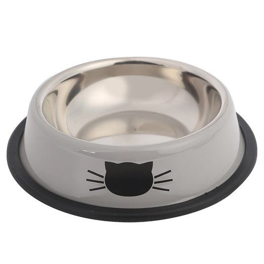 Stainless steel pet bowl with a black cat face design on a white background