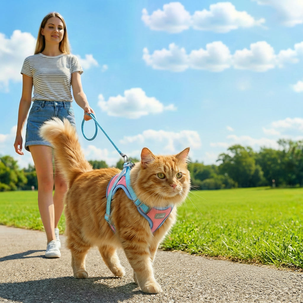 Woman walking a cat on a leash with a breathable mesh cat harness, set against a clear blue sky.
