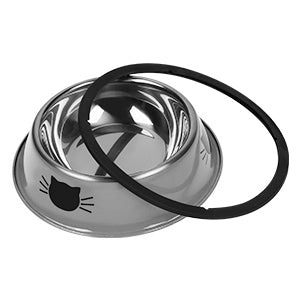 Stainless steel pet bowl with black rubber base on a white background